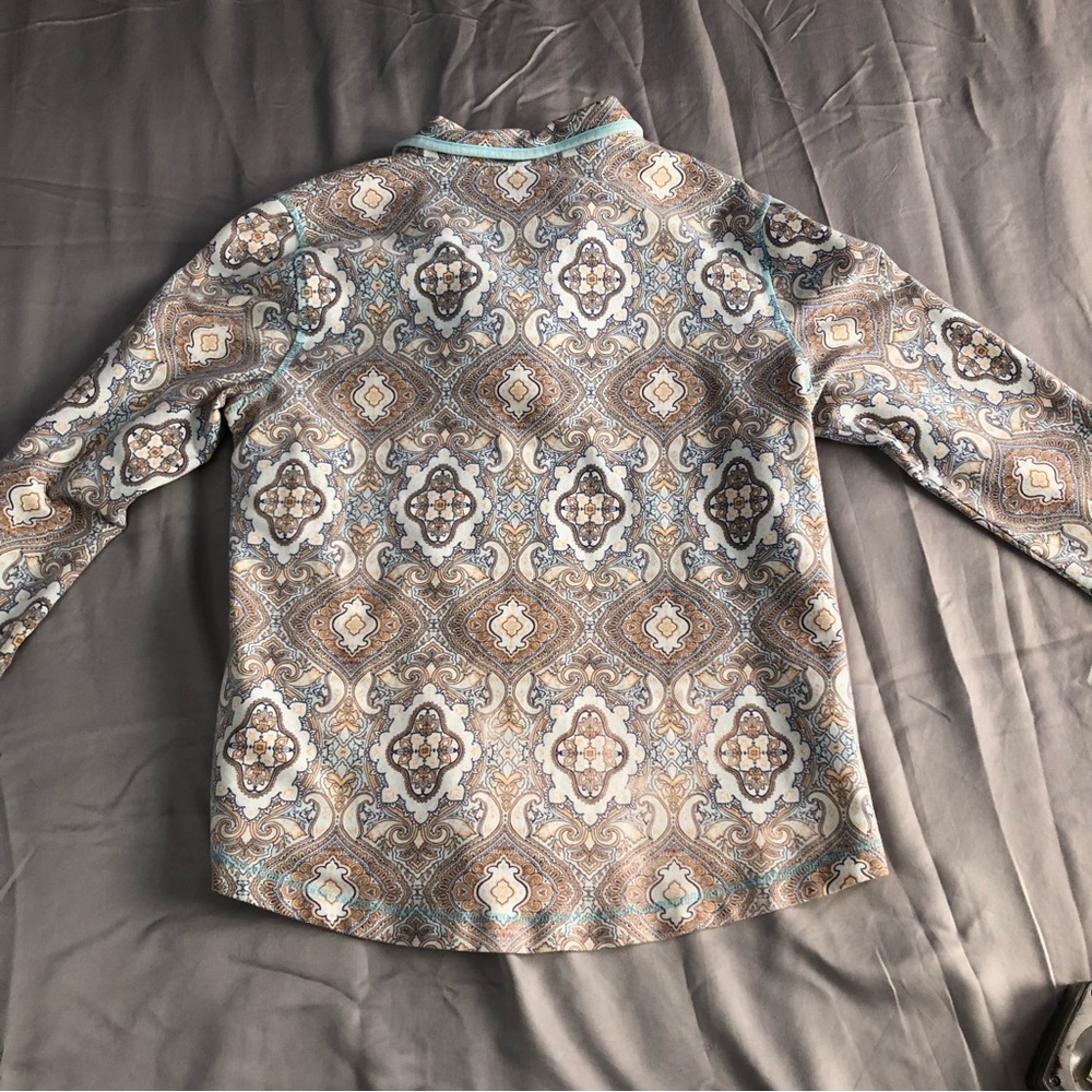 Talbots Paisley Top Baby Blue Cream and Brown Womens Small Boho Print Zip Collar - Picture 7 of 7